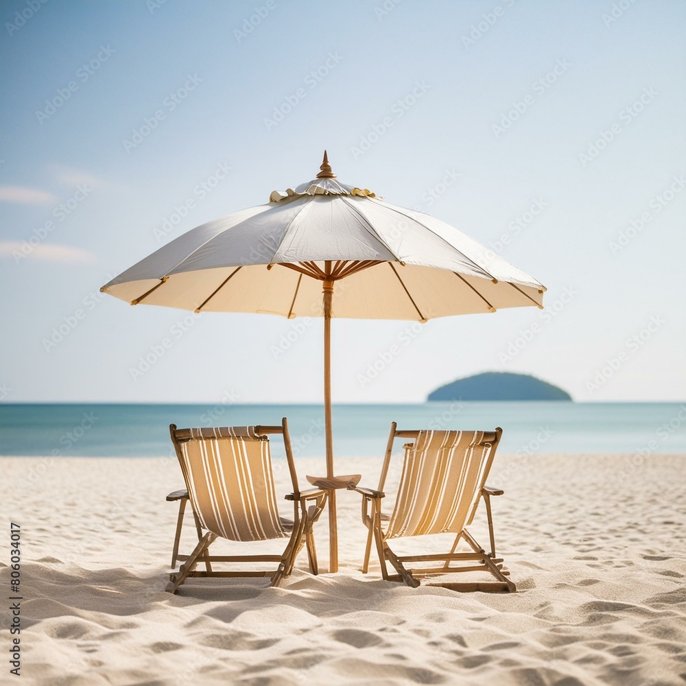 A beach banner landscape of white sandy shores chairs and a vibrant umbrella of travel and tourism  a wide panoramic background., beach chairs and umbrella