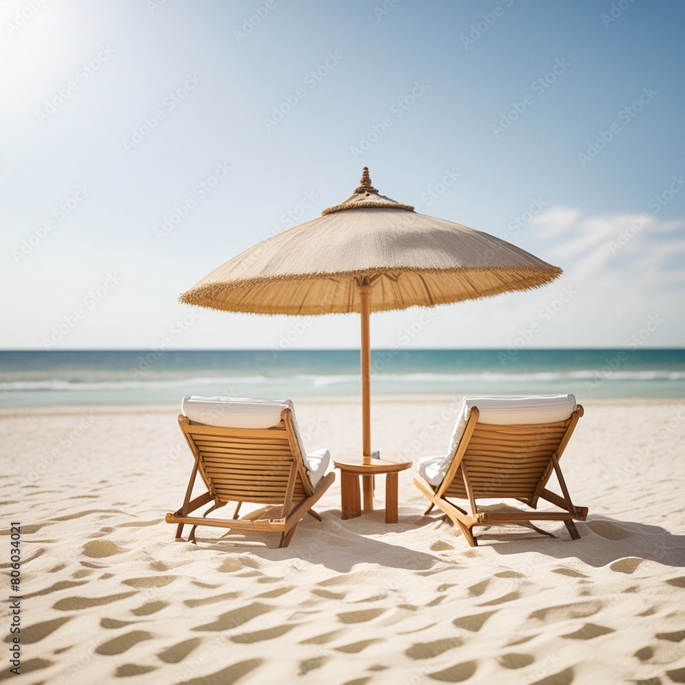 chairs and umbrella, A beach banner landscape of white sandy shores chairs and a vibrant umbrella of travel and tourism  a wide panoramic background.