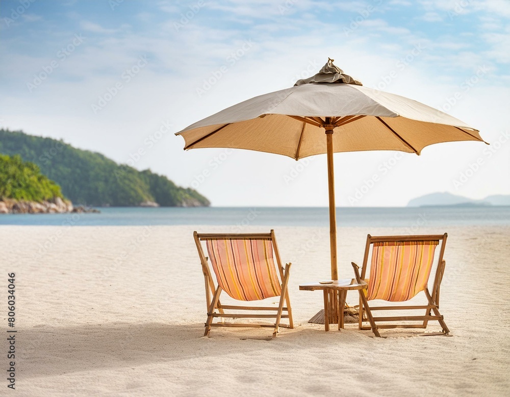 chairs and umbrella on the beach, A beach banner landscape of white sandy shores chairs and a vibrant umbrella of travel and tourism  a wide panoramic background.