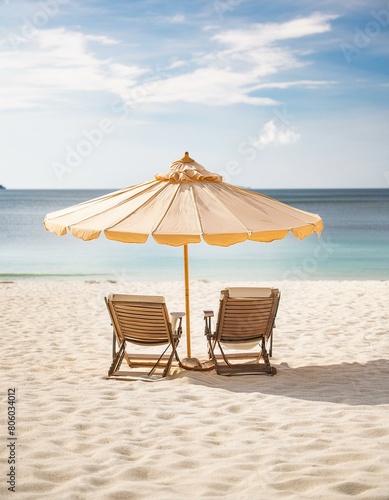 A beach banner landscape of white sandy shores chairs and a vibrant umbrella of travel and tourism  a wide panoramic background  chairs and umbrella