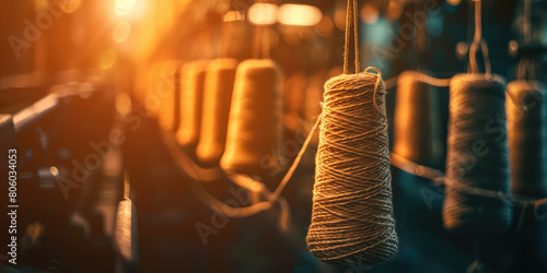 Closeup yellow bobbin thread cones on a warping machine, textile mill. Making Balls of Yarn in factory. Textile industry, spools on spinning machine.