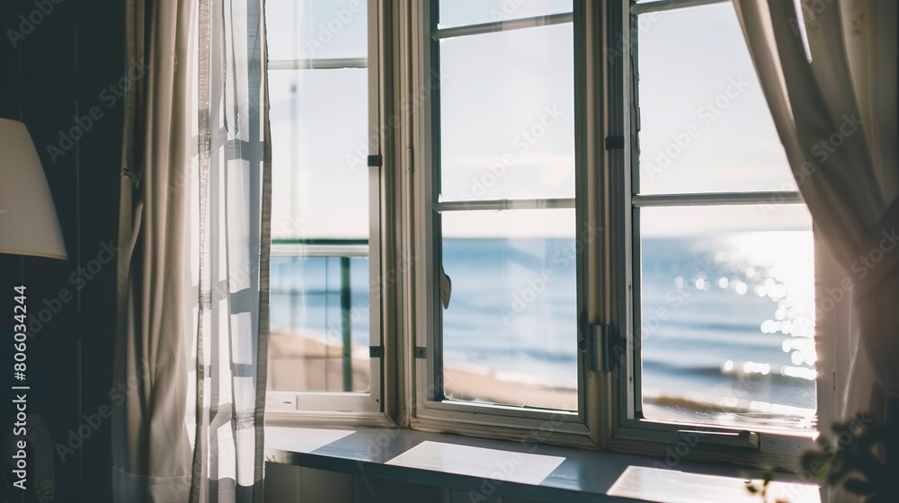 Cozy beachfront cottage, close-up of window with sea view, morning light, serene