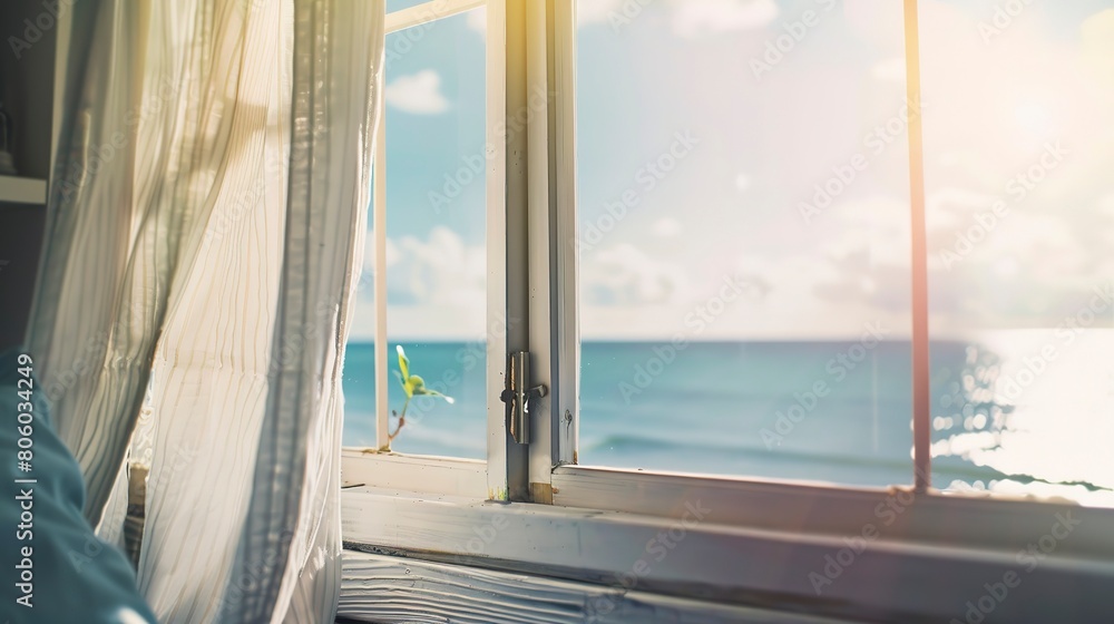 Cozy beachfront cottage, close-up of window with sea view, morning light, serene 
