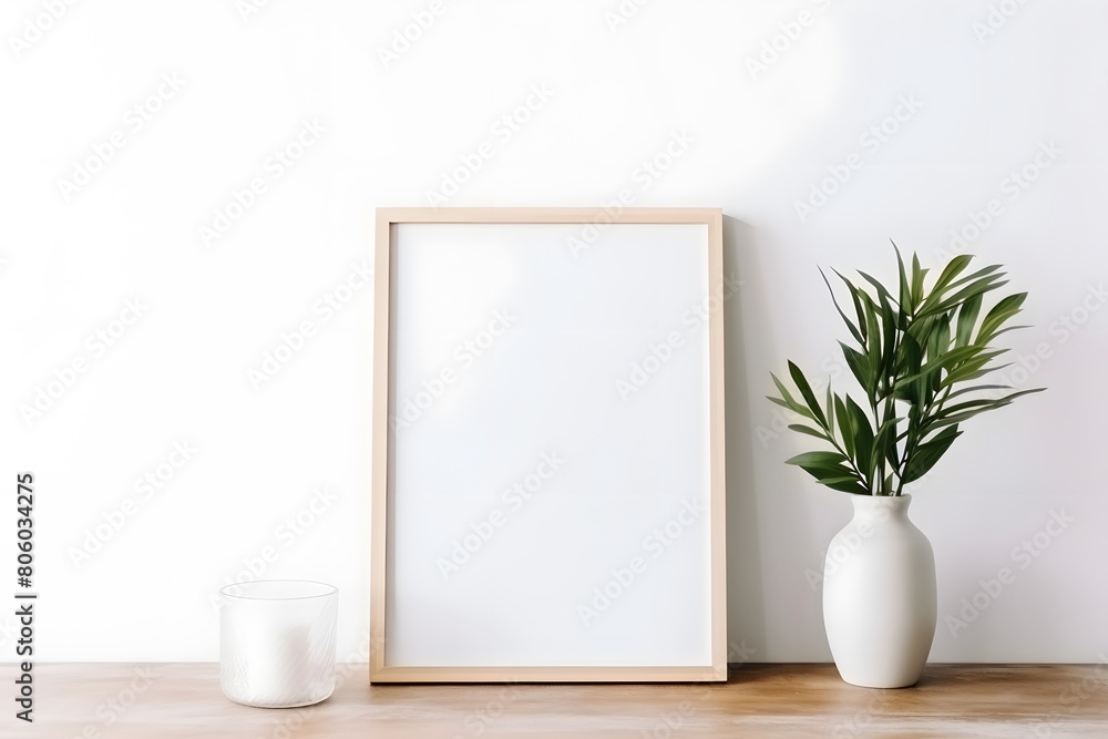 Interior of a living room with a frame on a work table and a blank blue wall, with a cherry flower in a flower vase, Generative AI.
Interior of a living room with a frame on a work table and a blank blue wall, with a cherry flower in a flower vase, Generative AI.