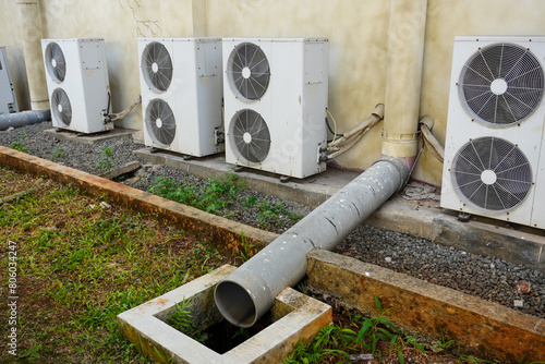 The large pipe channel design for efficient rainwater drainage and outdoor AC fan installation