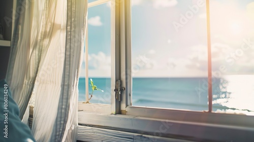 Cozy beachfront cottage  close-up of window with sea view  morning light  serene 