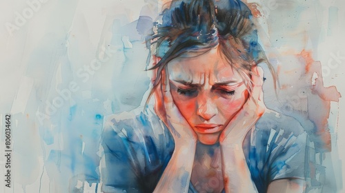 Illustrate the silent battles of depression and anxiety in a traditional watercolor painting photo