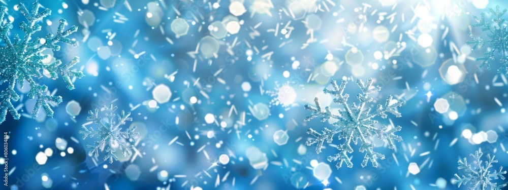 Blue background with low poly snowflakes and sparkles, creating an icy winter wonderland effect for holiday designs. Blue background with low poly snowflakes and sparkles, creating an icy winter wonderland effect for holiday designs.