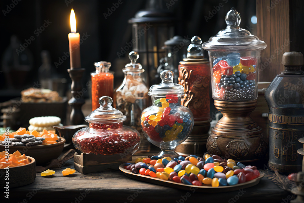 Vintage candy buffet table: display with candied and sugared berries and fruits in glass jars in antique confectionery.