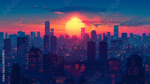 Craft a digital artwork of a city skyline at dusk