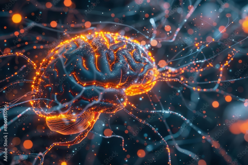 Capture a high-angle view of a detailed brain with interconnected neurons in photorealistic 3D, highlighting the complexity of neurological disorders with vibrant, glowing synapses Capture a high-angle view of a detailed brain with interconnected neurons in photorealistic 3D, highlighting the complexity of neurological disorders with vibrant, glowing synapses