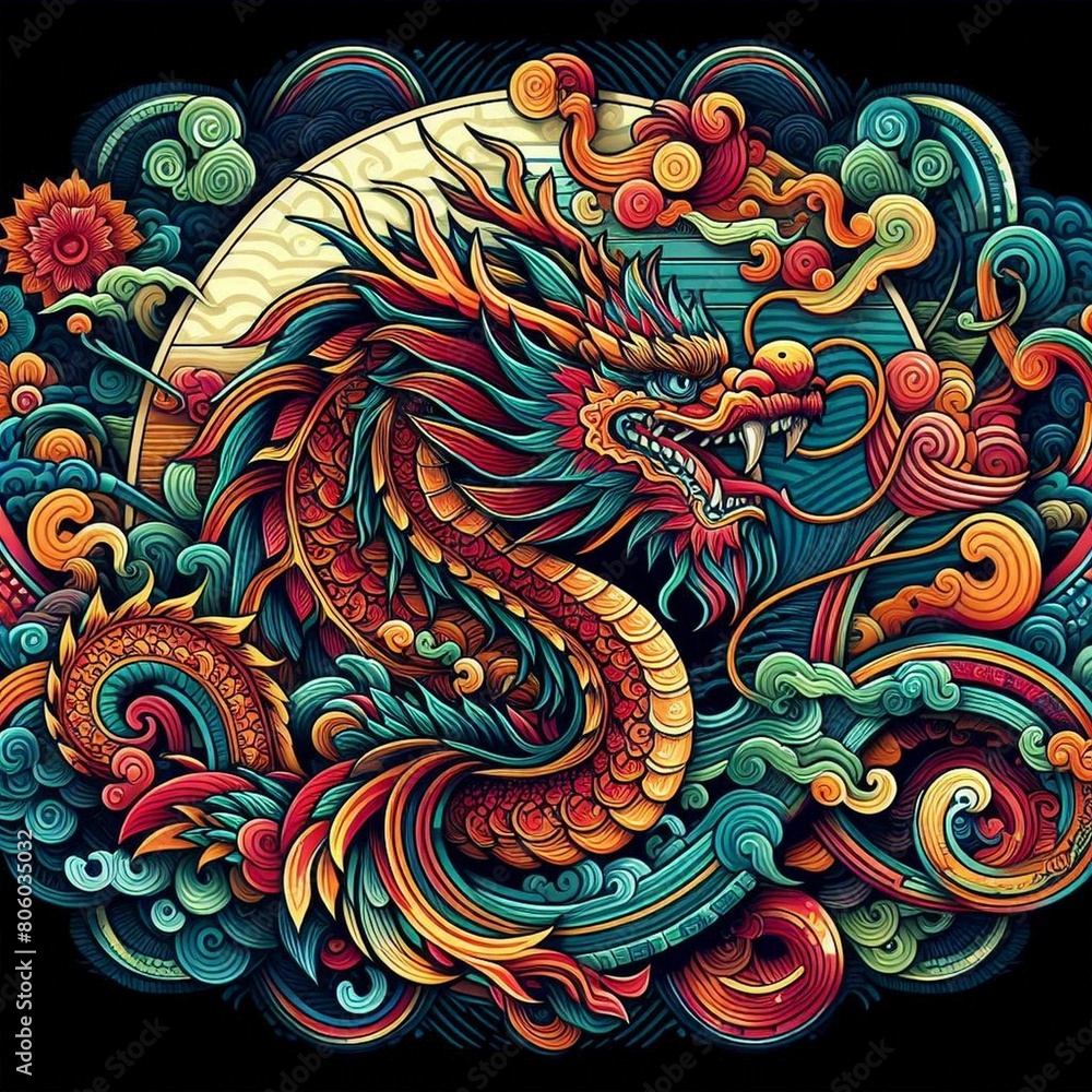 A colorful design with a dragon A colorful design with a dragon