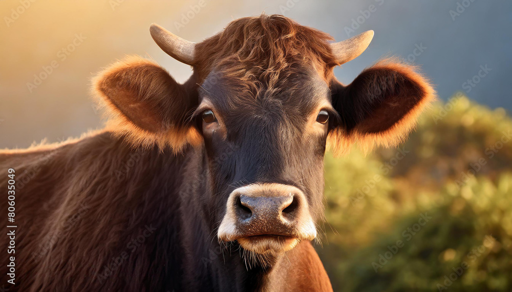 Close-up of a cow's face with expressive eyes and a vibrant Eid Qurban celebration background Close-up of a cow's face with expressive eyes and a vibrant Eid Qurban celebration background