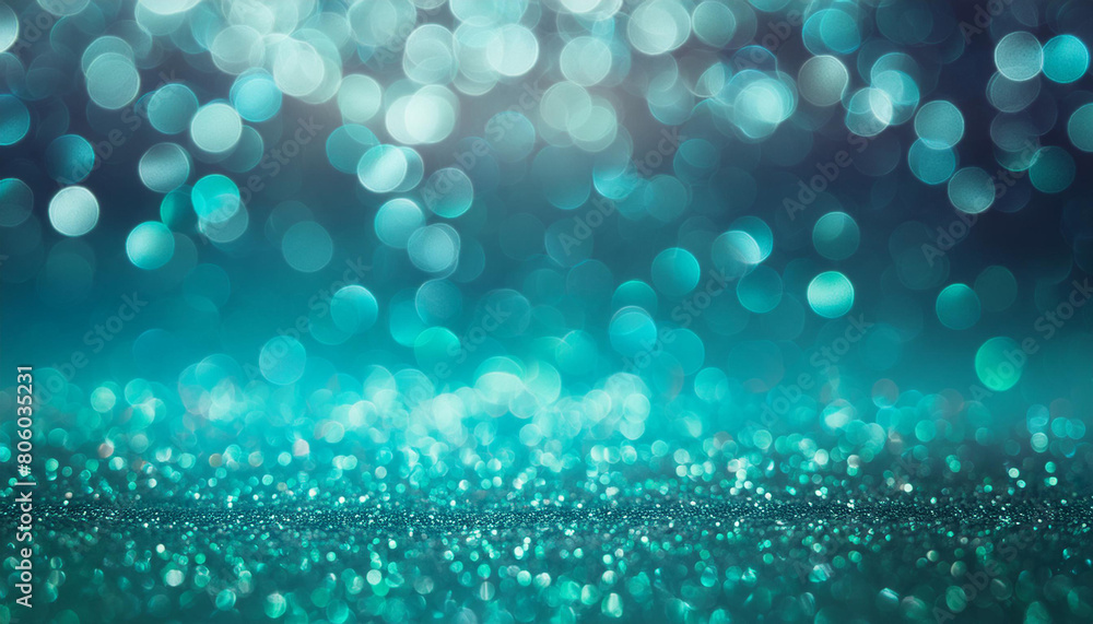 Shiny sapphire glittery bokeh with tosca colors sparkling festive light spotted backdrop.