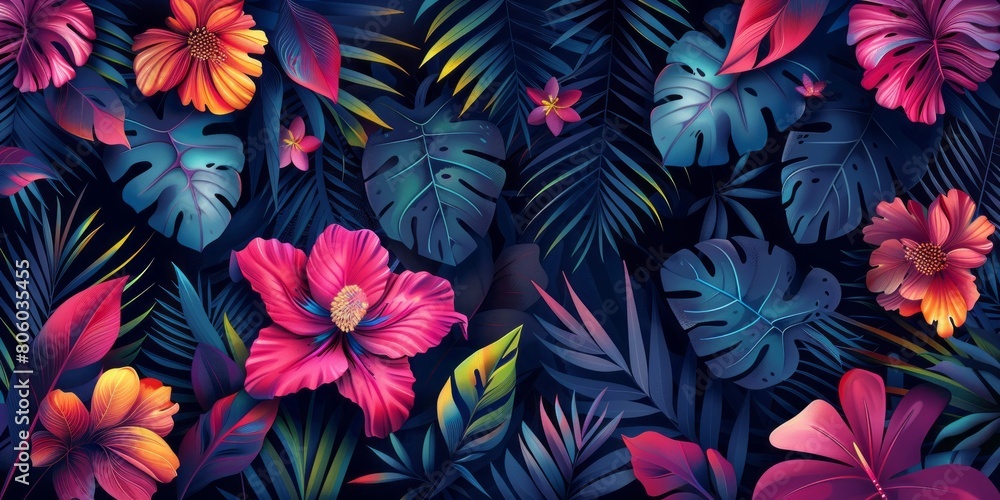 background with tropical leaves and colorful flowers background with tropical leaves and colorful flowers