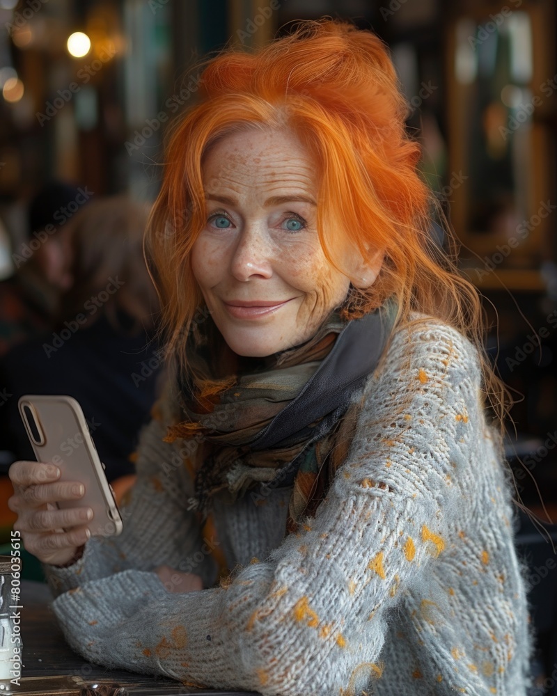 portrait of happy old red-haired woman with mobile phone in cafe. modern pensioners concept portrait of happy old red-haired woman with mobile phone in cafe. modern pensioners concept