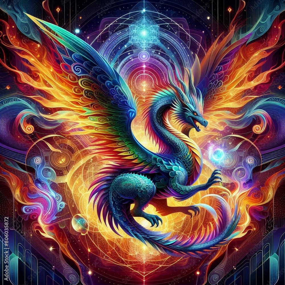 A colorful design with a dragon A colorful design with a dragon