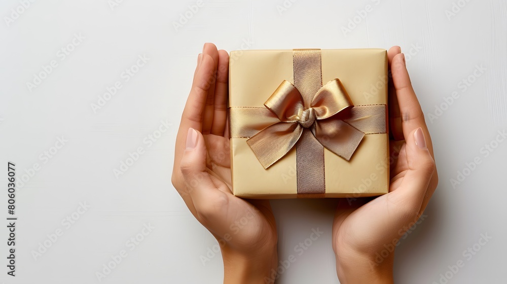 A pair of hands holding out an elegant gift box with gold ribbon on white background, symbolizing the joy and love for special people duringslipboard on top view, copy space concept. A pair of hands holding out an elegant gift box with gold ribbon on white background, symbolizing the joy and love for special people duringslipboard on top view, copy space concept.