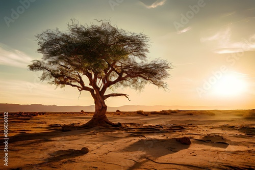 Single Green tree in the desert.