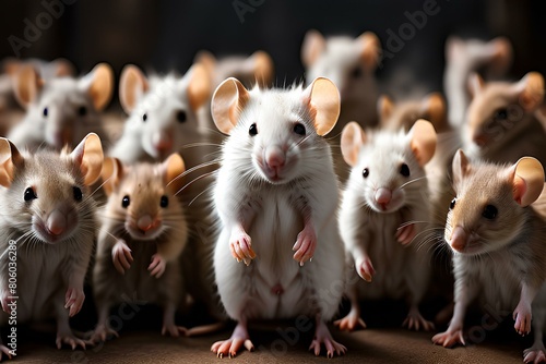 Standing out from the crowd concept with white mouse in large group of rodents.