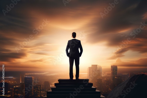 Success and achievement in business concept with man in suit standing on top of stairs.