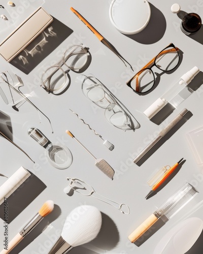 Monochromatic Eye Care Essentials - Visual Aids and Exam Tools on Light Grey Background