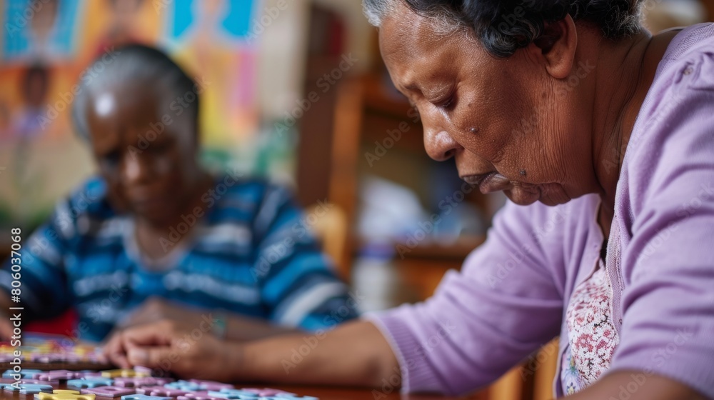 Fototapeta premium Elderly African-American Woman Engaged in Cognitive Activities with Caregiver Support