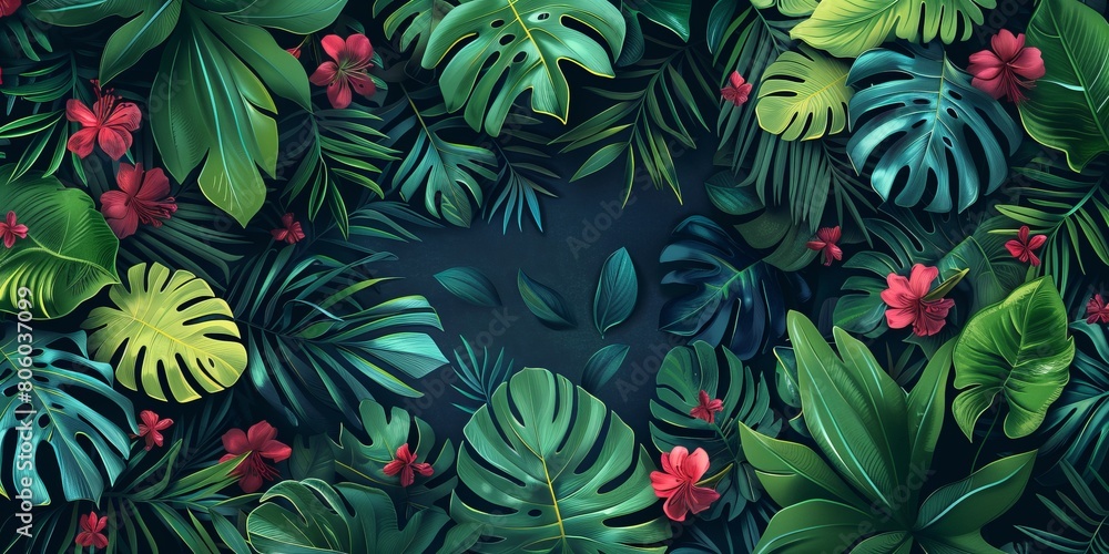 background with tropical leaves and colorful flowers background with tropical leaves and colorful flowers