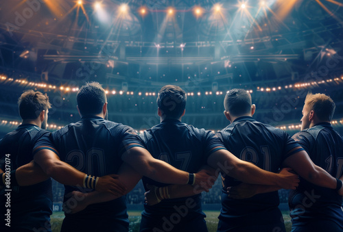 rugby, soccer, football players stand together during national anthem on stadium, generative AI photo