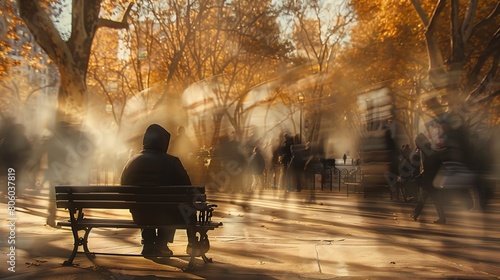 A lone figure sits on a park bench, watching the world rush by. The people are all around him, but he is alone. He is lost in thought, contemplating his place in the world.