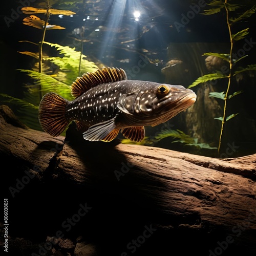 A peaceful snapshot of a plecostomus clinging to a submerged log, camouflaged perfectly within the shadowy river bottom. photo