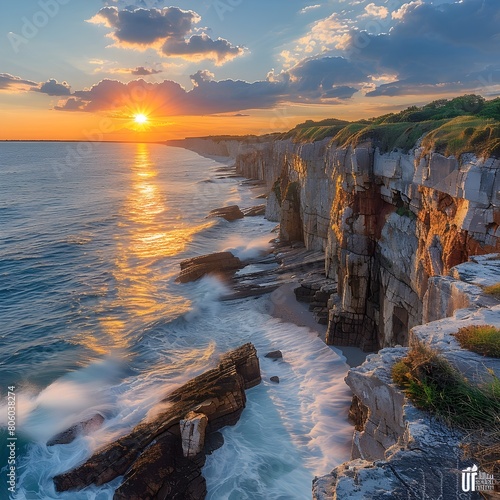 Breathtaking Panorama of Sun Drenched Coastal Landscape at Golden Hour with Dramatic Cliffs