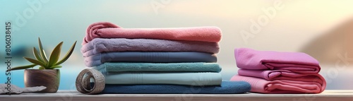 A stack of fresh towels and yoga equipment, promoting fitness classes or home exercise routines