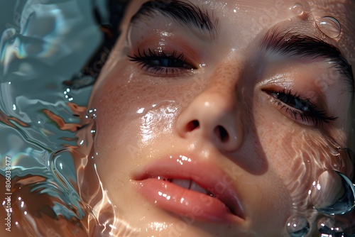 Close-up of a woman washing her face. Model washes face with facial cleanser Ideas for advertising facial cleansing products.