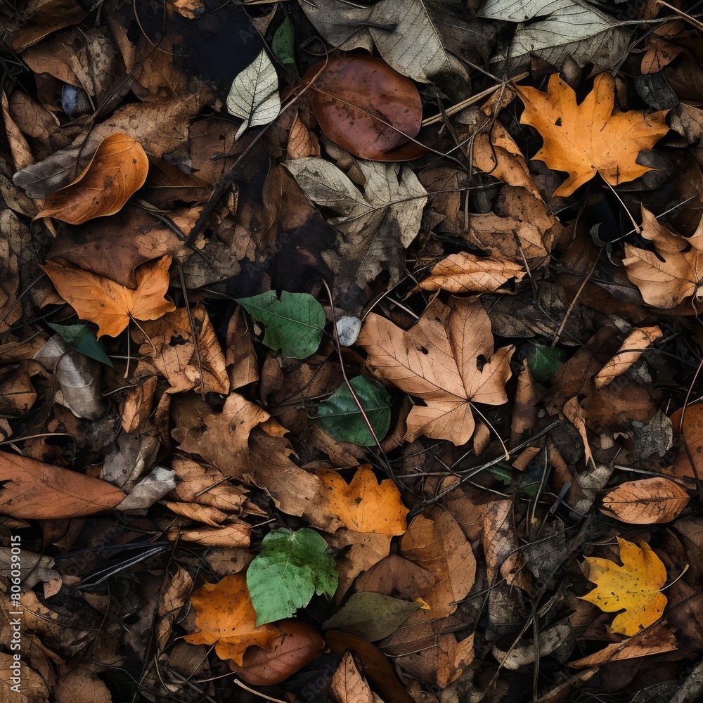 An overhead shot of a densely packed forest floor covered in autumn leaves, highlighting the textures of decay and renewal.