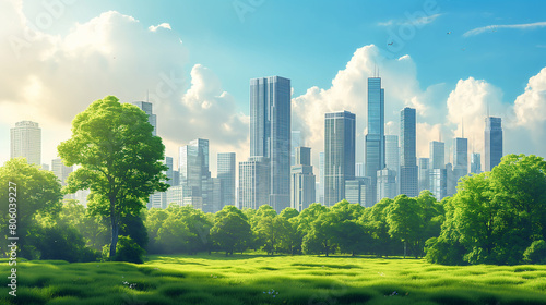 Beautiful modern eco friendly green city panoramic view with skyscrapers and parks. Idilic place to live, city of the future concept illustration.