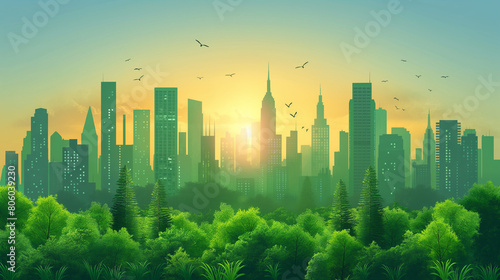 Beautiful modern eco friendly green city panoramic view with skyscrapers and parks. Idilic place to live  city of the future concept illustration.