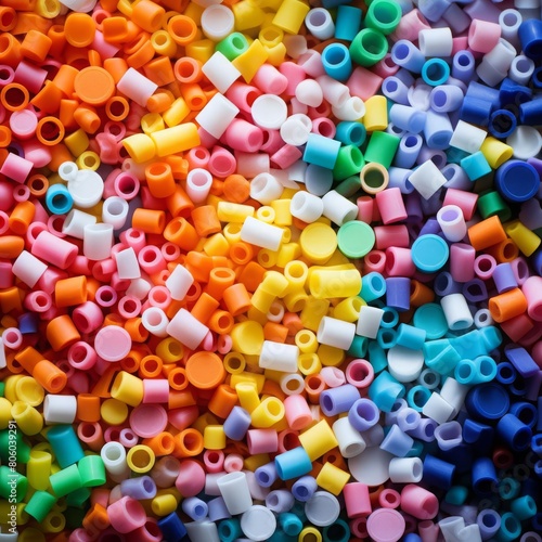 Brightly colored plastics in raw pellet form, displayed for use in manufacturing and highlighting material versatility