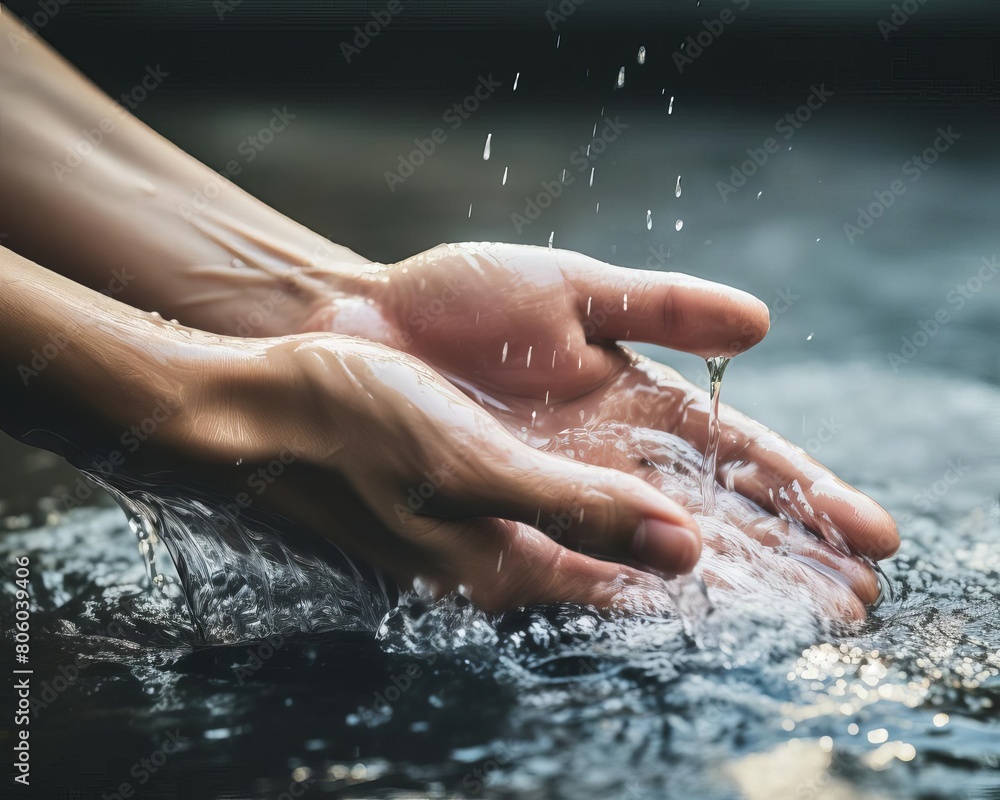 Fototapeta premium Closeup of hands washing with soap under running water, emphasizing hygiene and health prevention