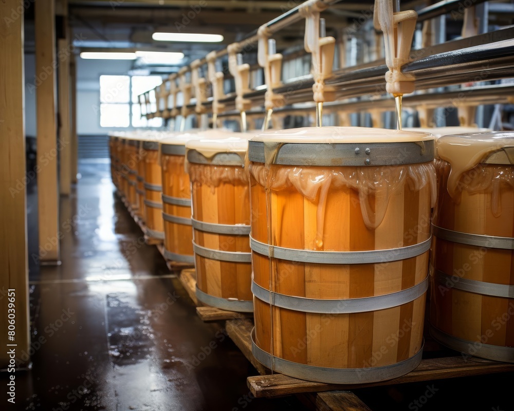 Drums of maple syrup in a food production facility for bottling and flavoring Drums of maple syrup in a food production facility for bottling and flavoring