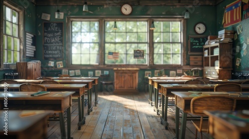 Classroom, school. Places for students, desks, blackboard. Wooden desks. Large windows, good lighting.