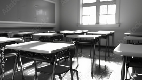 Classroom, school. Places for students, desks, blackboard. Wooden desks. Large windows, good lighting. Black and white