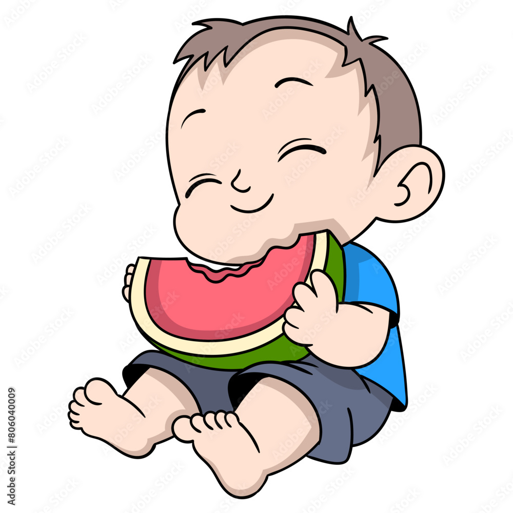 little boy is eating fresh red watermelon little boy is eating fresh red watermelon