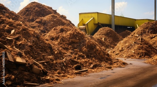 Piles of biowaste at a biofuel production facility, destined for conversion into green energy photo