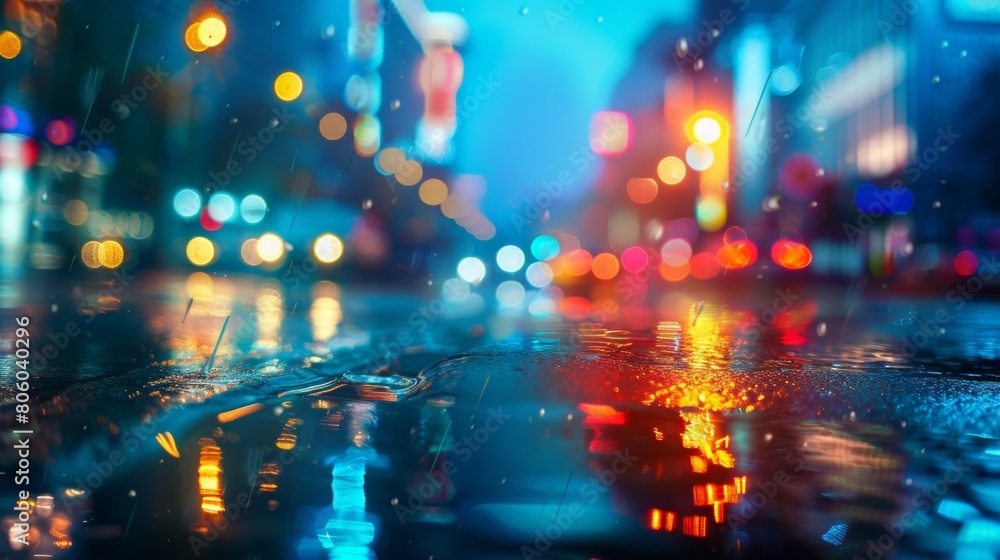 Blurred city lights and rain on the street at night, soft focus photography of a cityscape with a bokeh effect and an urban background, reflections of light on wet pavement.