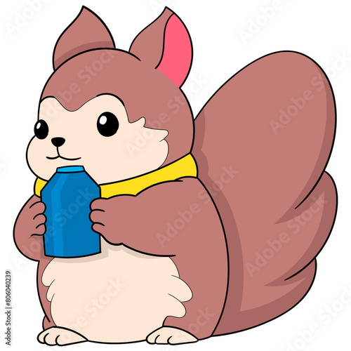 the squirrel is sucking down a delicious carton of milk
