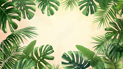 Tropical leaves background vector presentation design  green monstera and palm leaves framing a beige background  exotic jungle summer concept with space for copy text.
