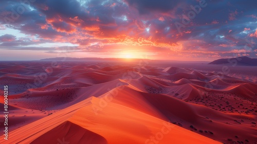 Desert, sand dunes in the Sahara at sunset. Picturesque landscape. Heat.