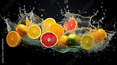 Slices of vibrant citrus fruits suspended in midair with splashing water  highlighting freshness and natural juice content