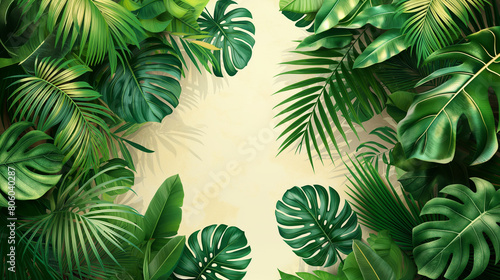 Tropical leaves background vector presentation design  green monstera and palm leaves framing a beige background  exotic jungle summer concept with space for copy text.